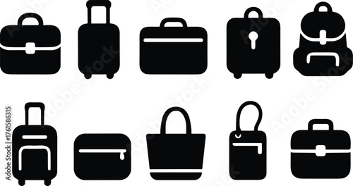 Set of ten black silhouette icons of bags and luggage including briefcase, backpack, suitcase, tote, pouch, and travel gear
