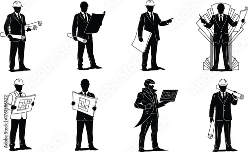 Silhouette architects and engineers, construction helmets, blueprint holders, formal attire, engineering roles, architectural icons, laptop users, professional poses, black illustrations
