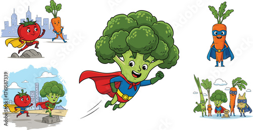 Superhero Vegetables Cartoon Set – Fun Vector Characters Like Broccoli, Carrot, Tomato in Capes Promoting Healthy Eating for Kids Design