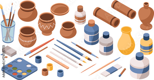 Isometric illustration of pottery and art supplies including paintbrushes, clay pots, paints, and sculpting tools for creative artistic design