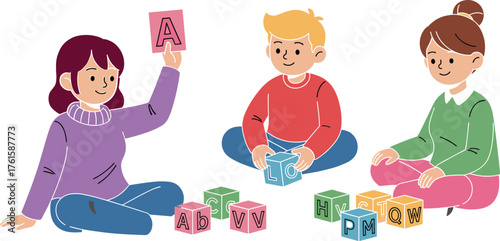 Teacher and Children Learning ABC with Alphabet Blocks, Educational Kids Vector Illustration for Preschool and Early Childhood Literacy Themes