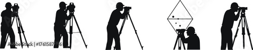 Silhouette land surveyors using theodolites, tripod-mounted equipment, black icons, measurement poses, construction planning, civil engineering, geometric diagram, field activity