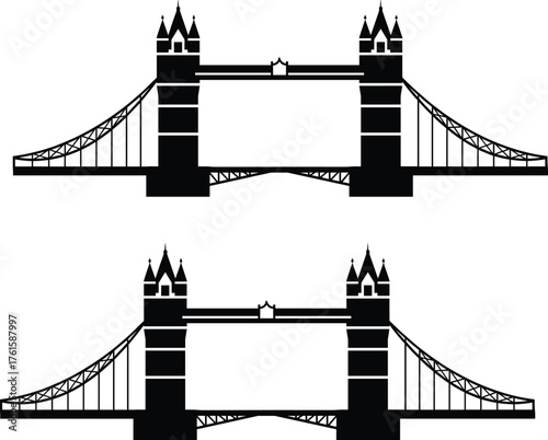 Tower Bridge London illustration featuring twin towers, suspension elements, iconic UK landmark, architectural silhouette, and historic city structure vector design