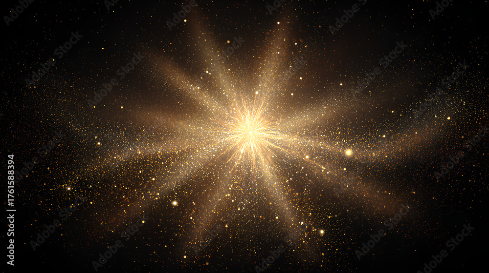 Obraz premium Glittering starburst and glowing particles with dust and golden light