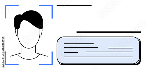 Facial scan with head silhouette inside detection frame next to user info card. Ideal for technology, identity verification, security, access control, profile management, innovation, simple flat