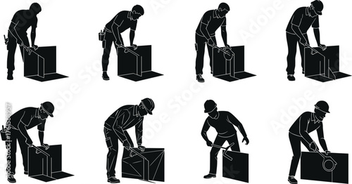 Silhouette worker assembling panel, construction task sequence, black icons, hard hat, tool belt, lifting posture, manual handling, step-by-step action