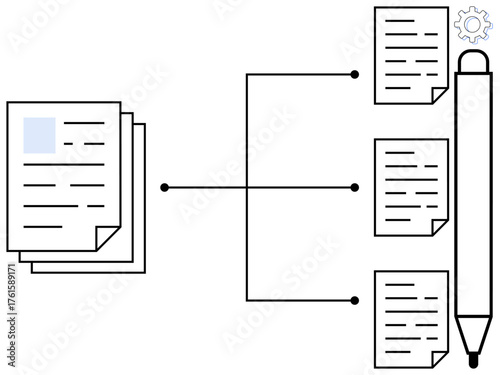 Stacked files linked to multiple documents via connectors with a large pen icon and gear. Ideal for documentation, project management, data organization, teamwork, knowledge sharing, automation