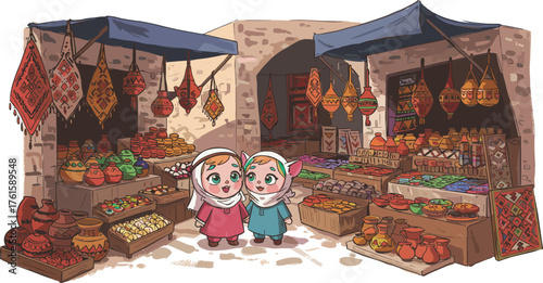 Two cute children in traditional dress visiting colorful Middle Eastern market, handmade crafts, pottery, textiles, cultural heritage, bazaar illustration