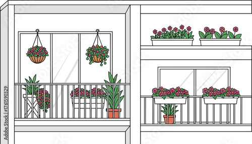 Urban balcony garden with vibrant flowers, potted plants, hanging baskets, cozy furniture, and lush greenery in a city apartment setting.