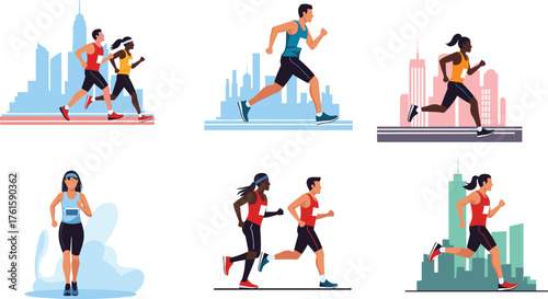 Urban marathon runners vector illustration showing men and women jogging, training, exercising, and running outdoors in modern city lifestyle environment