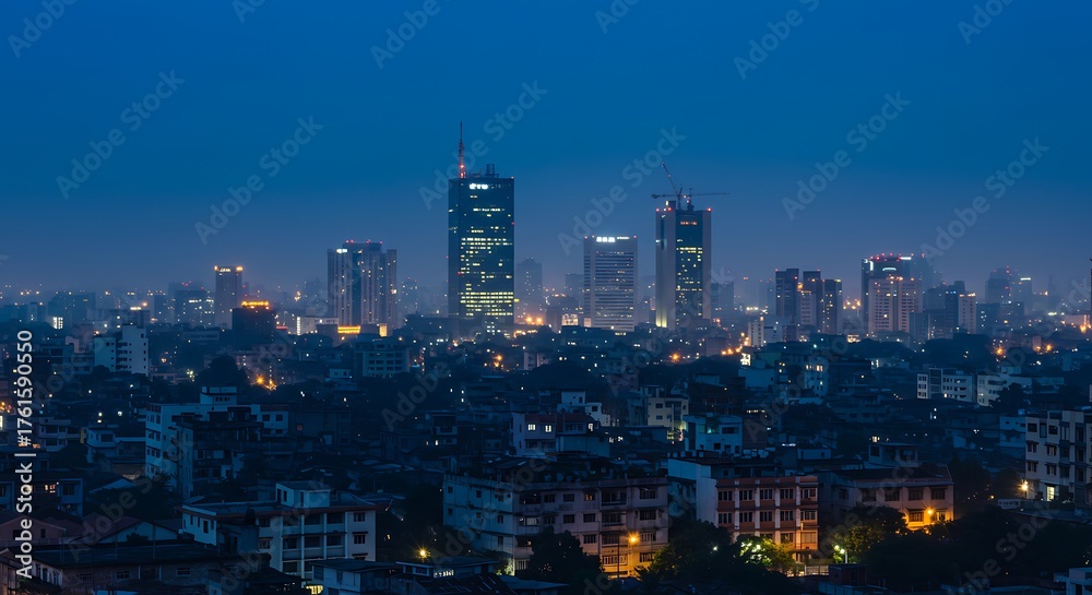 Naklejka premium Nighttime cityscape with illuminated skyscrapers and urban glow under a dark blue sky.