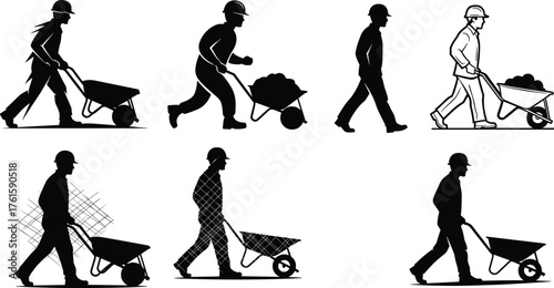 Silhouettes of construction workers pushing wheelbarrows, manual labor action, safety gear, helmet, motion posture, industrial transport, site work illustration