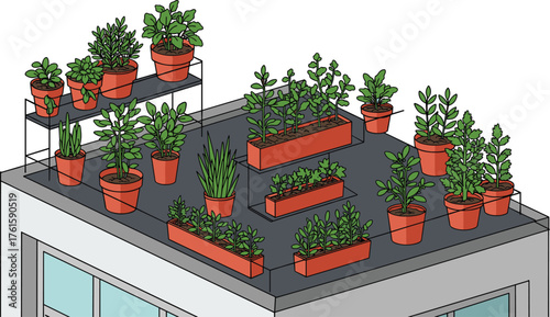 Urban Rooftop Garden Vector Illustration – Sustainable City Farming with Potted Plants, Greenery, Metal Racks, and Eco-Friendly Gardening Concept