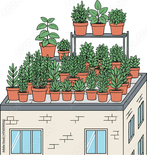 Urban Rooftop Garden with Potted Plants on Brick Building Featuring Multi-Level Arrangement for Sustainable City Living Vector Design Illustration