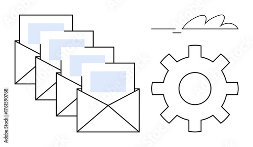 Multiple envelopes with blue content next to a gear icon, suggesting automation and efficiency. Ideal for email management, workflow, communication, productivity, technology, message organization