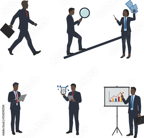 Vector business people teamwork illustration showing office workers with charts, laptops, briefcases, communication, leadership, growth, analysis and corporate success.