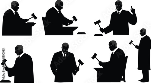 Vector illustration collection of judge silhouettes holding gavel in courtroom, law and justice authority decision, legal system lawyer attorney concept.