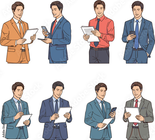 Vector illustration of business men in suits using documents, smartphones, teamwork, communication, leadership, professionalism, corporate success and management.