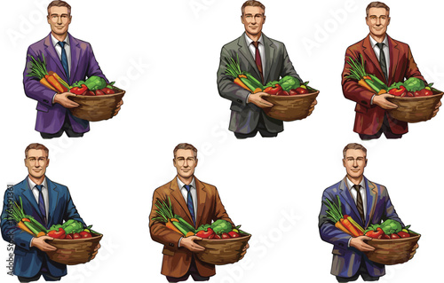 Vector illustration of businessman holding basket full of vegetables and fruits, organic farming, healthy lifestyle, agriculture produce, fresh food concept