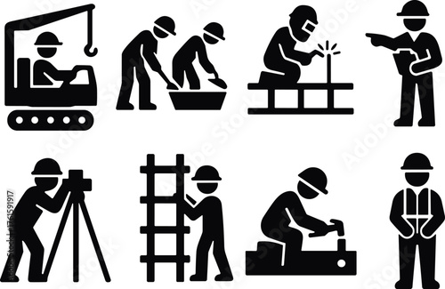 Silhouettes of eight construction workers performing tasks like welding, surveying, climbing, supervising, and operating equipment for industrial labor reference