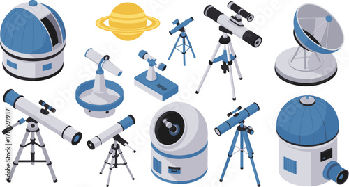 Isometric illustration of astronomical observatories and telescopes viewing Saturn planet with rings, representing space exploration, astronomy, and scientific observation