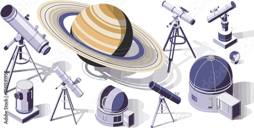 Isometric illustration of astronomical observatories and telescopes viewing Saturn planet with rings, representing space exploration, astronomy, and scientific observation