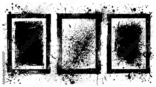 Grunge graffiti stencil frames with spray paint borders. Black vector rectangles and squares. Airbrushing paint banners, splatter ink shapes. Places for text or pictures. Graffiti spraypaint element. 