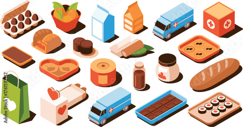 Isometric illustration of bakery food delivery with bread, cookies, milk cartons, and delivery trucks in colorful modern design style