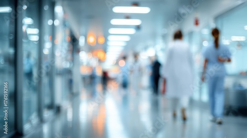Wallpaper Mural A blurred image of a modern hospital corridor, showcasing healthcare professionals in white coats and scrubs. Torontodigital.ca