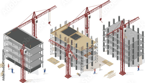 Isometric illustration of construction site with cranes, unfinished concrete buildings, workers, scaffolding, and materials showing modern building development process