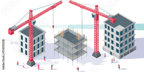 Isometric illustration of construction site with cranes, unfinished concrete buildings, workers, scaffolding, and materials showing modern building development process