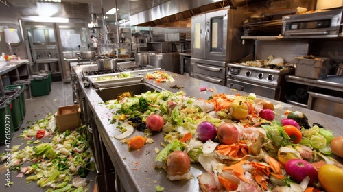 A bustling kitchen filled with discarded fruits and vegetables showcasing the reality of food waste in the culinary world.