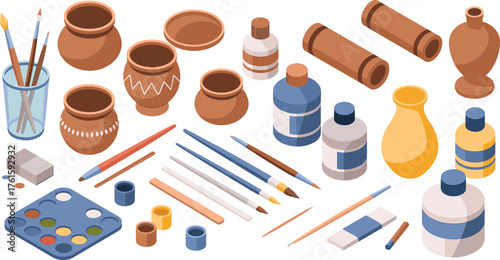 Isometric illustration of pottery and art supplies including paintbrushes, clay pots, paints, and sculpting tools for creative artistic design