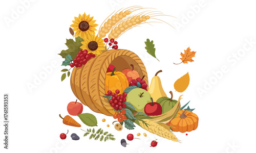 Thanksgiving Harvest Illustrations – Cornucopia, Pumpkins, Autumn Leaves, and Fall Fruits Collection