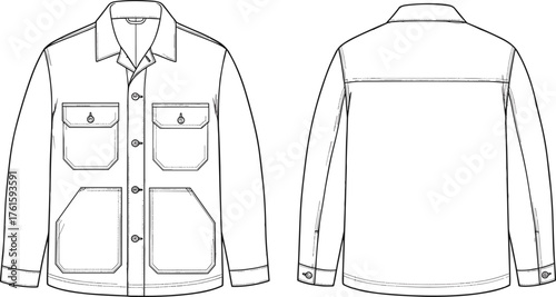 Jacket technical sketch, front and back view, pointed collar, button placket, chest pockets, patch pockets, long sleeves, fashion vector illustration