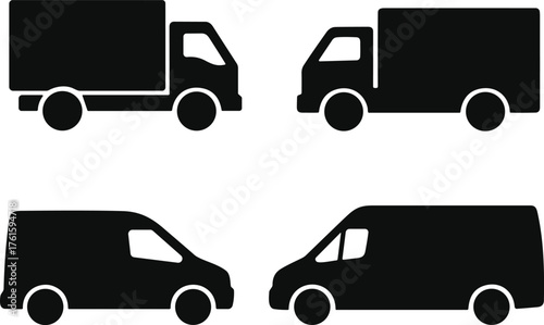 Silhouettes of four delivery and transport vehicles including box trucks and vans in profile view for logistics and shipping design