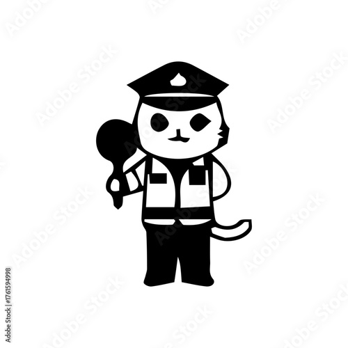 Illustration of a cute traffic police cartoon character in various poses and activities, such as giving hand signals, directing traffic, stopping vehicles, and standing next to a police motorcycle.