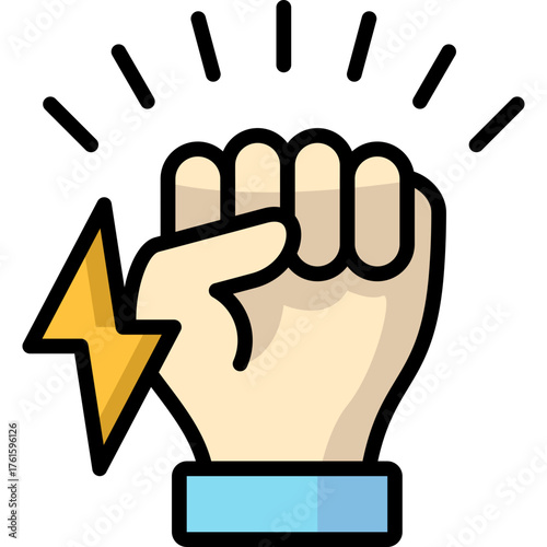 Flat Color Power Fist Icon With Lightning Bolt And Energy Lines
