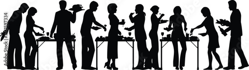 Silhouettes of people at buffet event serving food, holding plates, and interacting around tables in social dining scene