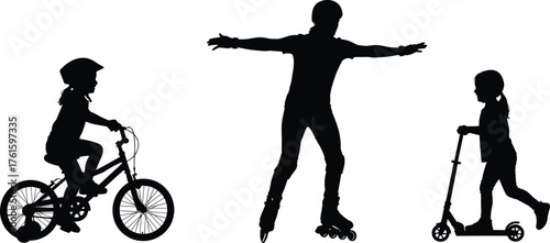 Silhouette of Kids Riding Bicycle, Scooter, and Rollerblades with Helmets, Outdoor Physical Activity and Safe Transport Vector Illustration Isolated
