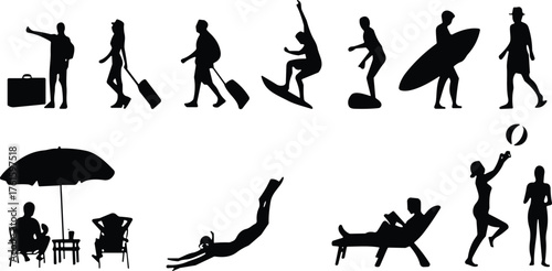 Silhouettes of people enjoying vacation and beach activities including surfing, diving, relaxing, traveling, and playing under sunny outdoor conditions