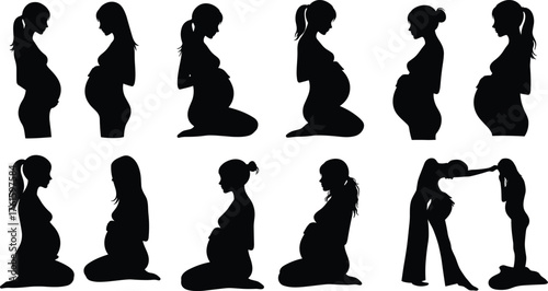 Silhouette of pregnant women in different maternity poses showing motherhood journey, prenatal care stages, and expecting baby vector illustration