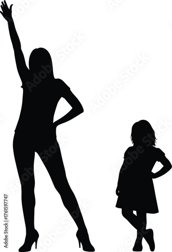 Silhouette of Stylish Woman and Girl Standing Together in Confident Pose, Family Bond Concept, Fashion and Relationship Vector Illustration