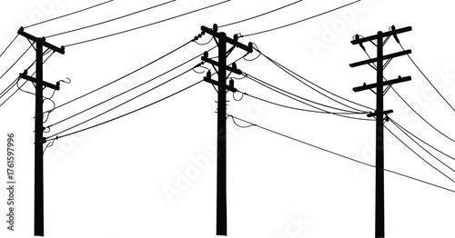 Silhouette of utility electricity poles with power lines, communication infrastructure, urban energy network, industrial distribution system, electric transmission vector illustration