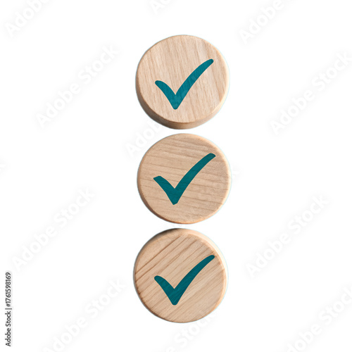 Three wooden discs with teal checkmarks in vertical alignment