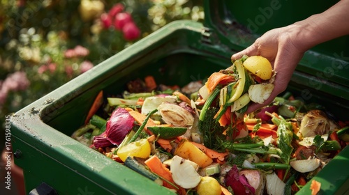 A hand discarding organic waste into a green bin, promoting responsible waste management and sustainability.