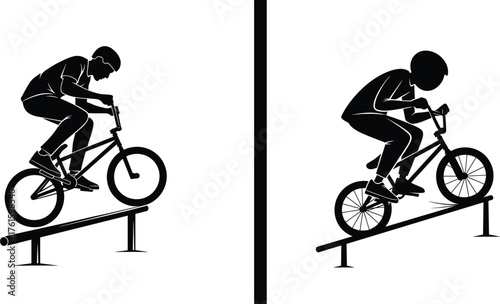 Silhouette vector illustration of BMX riders performing stunts and tricks on rail bars showcasing action extreme cycling sport adventure style.