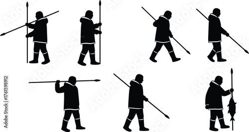 Silhouette vector illustration of hunter man walking with spear, traditional fishing, northern lifestyle, indigenous culture, survival, outdoor activity design
