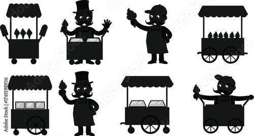 Silhouette vector illustration of ice cream vendors with carts and sellers holding cones, street food dessert stall retro style design.
