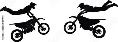 Silhouette vector illustration of motocross riders performing freestyle extreme stunts on dirt bikes, action sport design for adventure competition event